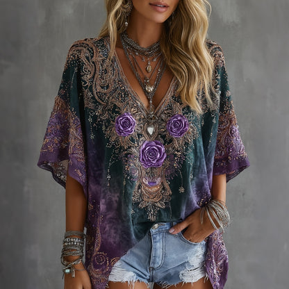 Cardydony Women's Vintage Rose Gradient Art Flowy Linen Blend Casual Tops