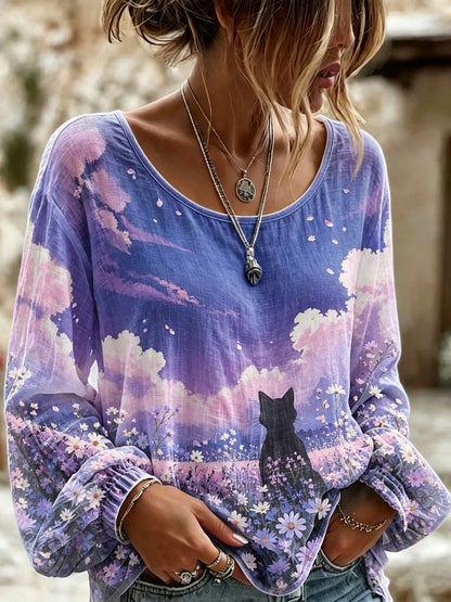 Cardydony Women's Retro Bohemian Japanese Art Cat And Japanese Floral Print Top
