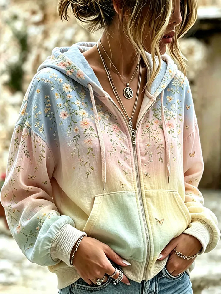 Cardydony Women's Vintage Pink Small Floral Art Print Gradient Zip-up Hoodie