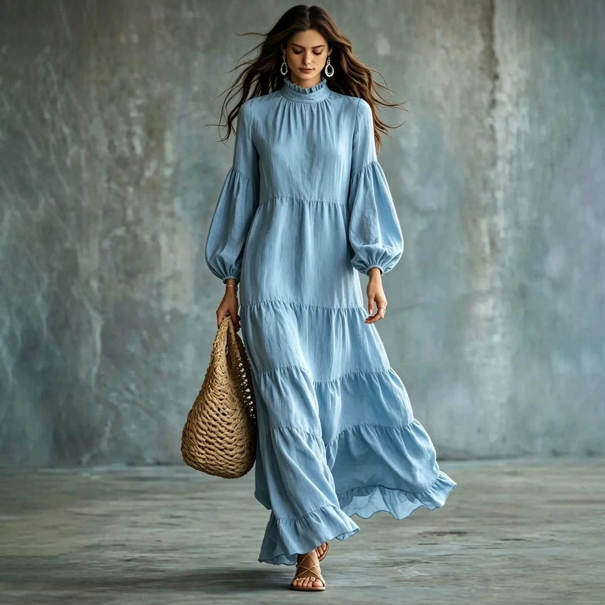 Cardydony Women's Bohemian Ruffle Neck Relaxed Fit Tiered Maxi Dress
