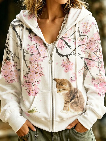 Cardydony Women's Retro Cherry Blossoms And Cats Print Casual Warm Zip-up Hoodie