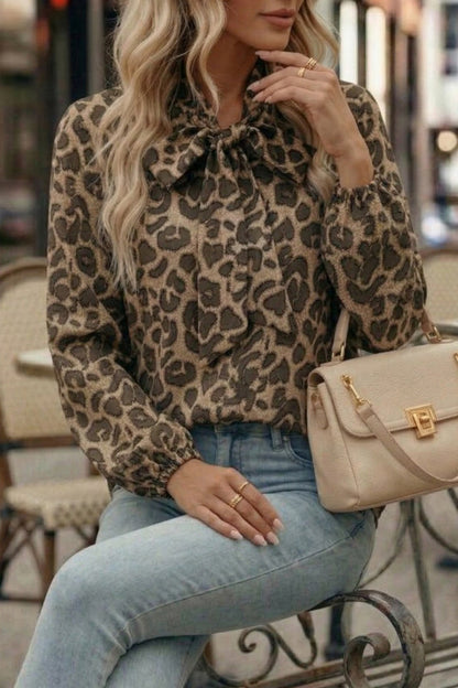 Cardydony Women's  Leopard Print Bow Collar Long-sleeved Loose Shirt