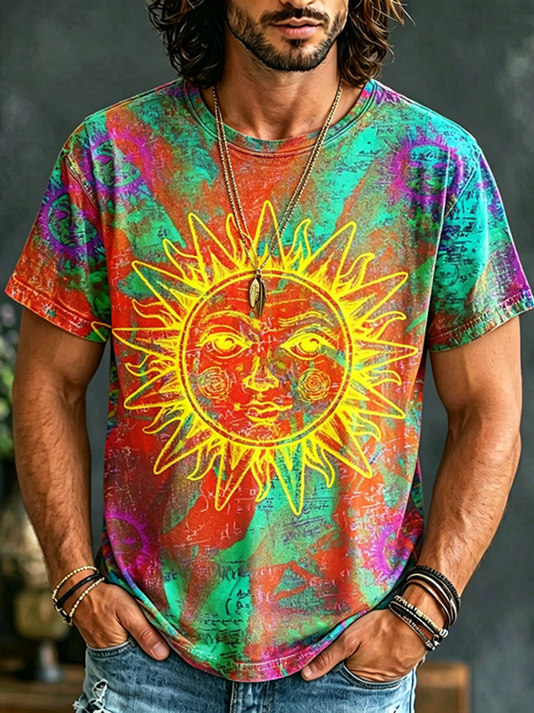 Cardydony Men's Sun Hippie Tie-dye Print Crew Neck T-shirt