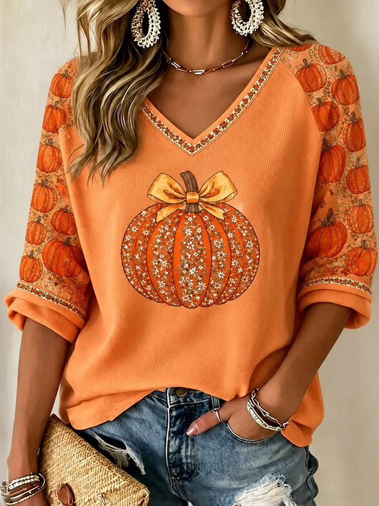 Cardydony Women's Autumn Pumpkin Rhinestone Pattern Casual Mid-sleeve T-shirt