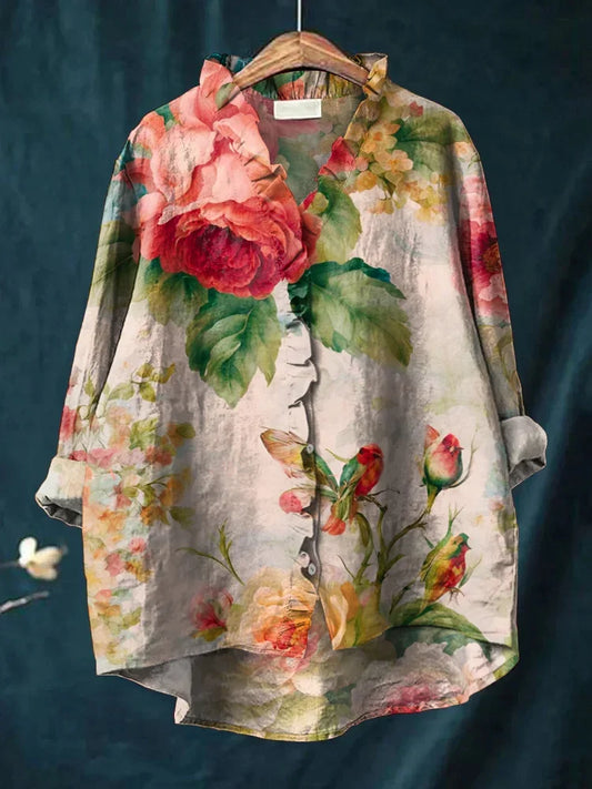 Cardydony Vintage Floral Patchwork Pattern Art Linen Ruffle Shirt