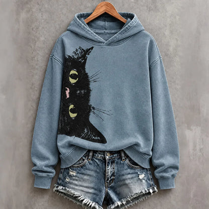 Cardydony Women's Retro Black Cat Print Hoodie
