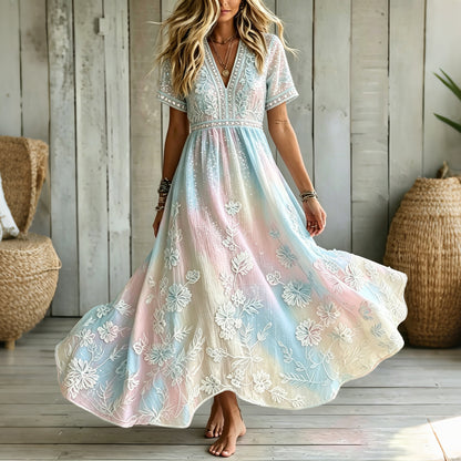 Cardydony Women's Floral In Macarons Colorful Art Embroidered Linen Blend V Neck Maxi Dress