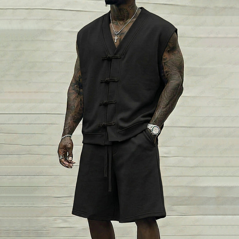 Cardydony Men's Casual Sleeveless Frog Button Tank Top Shorts Two Piece Set