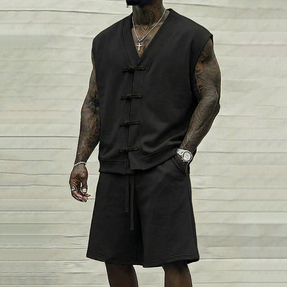 Cardydony Men's Casual Sleeveless Frog Button Tank Top Shorts Two Piece Set
