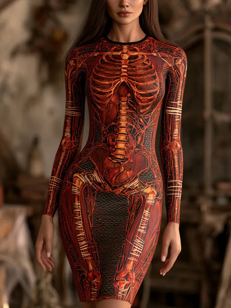 Cardydony Women's Halloween Skeleton And Bandage Art Slim Fit Long Sleeve Dress