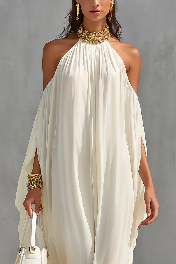 Cardydony Women's Fashionable Chiffon Metal Halter Neck Off-shoulder Elegant Loose-fitting Holiday Maxi Dress