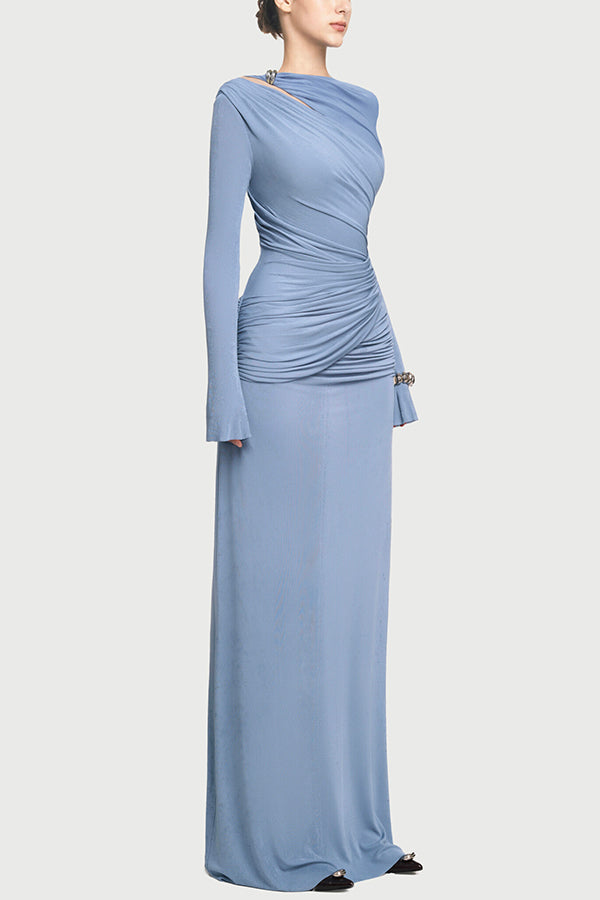 Cardydony Women's Stylish Long-sleeved Slim-fit Pleated Elegant Maxi Dress