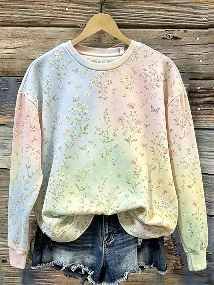 Cardydony Women's Vintage Pink Floral And Small Butterfly Art Crewneck Sweatshirt