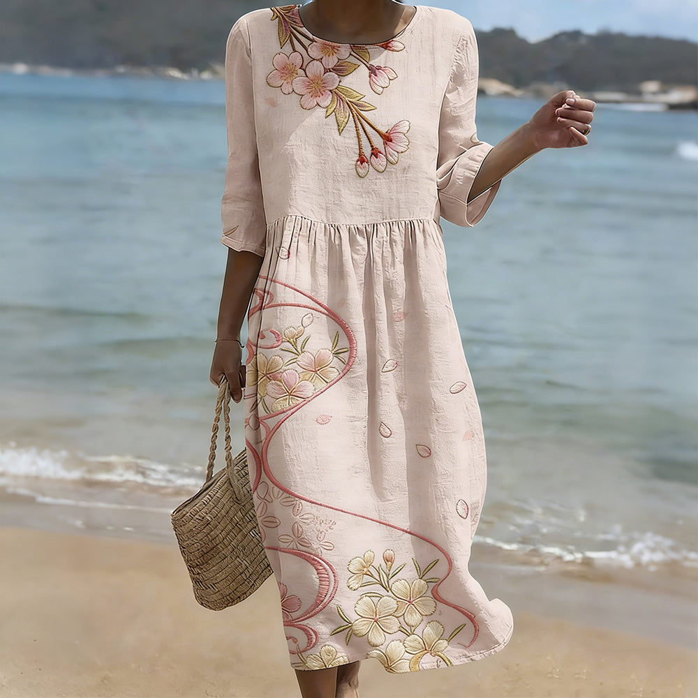 Cardydony Vintage Cherry Blossom Art Flowy Linen Maxi Dress