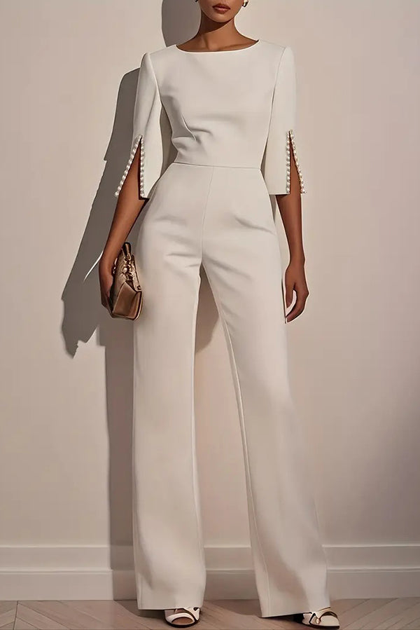 Cardydony Women's Solid Color Round Neck Beaded Decoration Slim Fit Casual Jumpsuit
