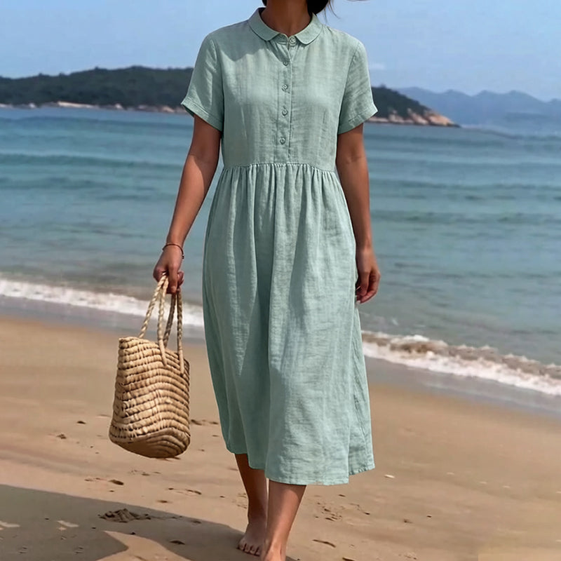 Cardydony Women's Solid Color Linen Blend Lapel Dress