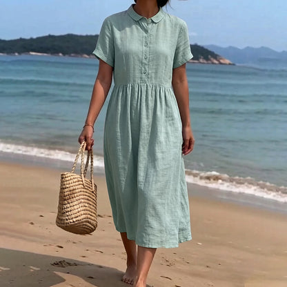 Cardydony Women's Solid Color Linen Blend Lapel Dress