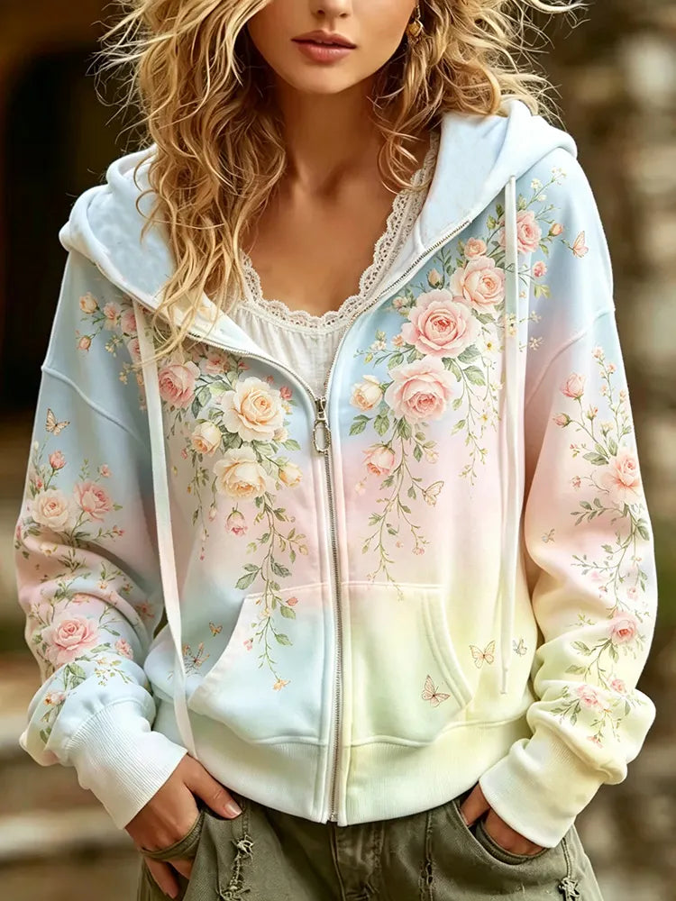 Cardydony Women's Vintage Rose Art Print Gradient Casual Hoodie