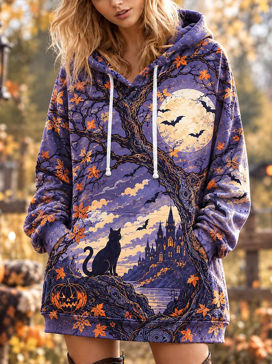 Cardydony Women's Purple Halloween Castle, Black Cat And Moon Print Hooded Sweatshirt Dress