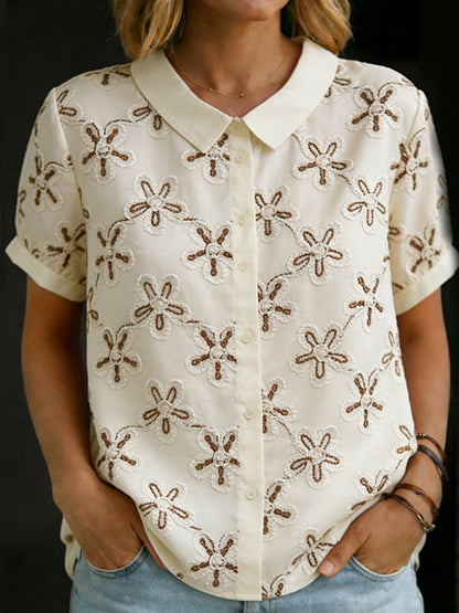 Cardydony 3d Embroidery Printed Short Sleeve Cotton Shirt