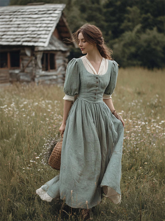 Cardydony Vintage Cottagecore Puff Sleeve Flowy Linen Maxi Dress