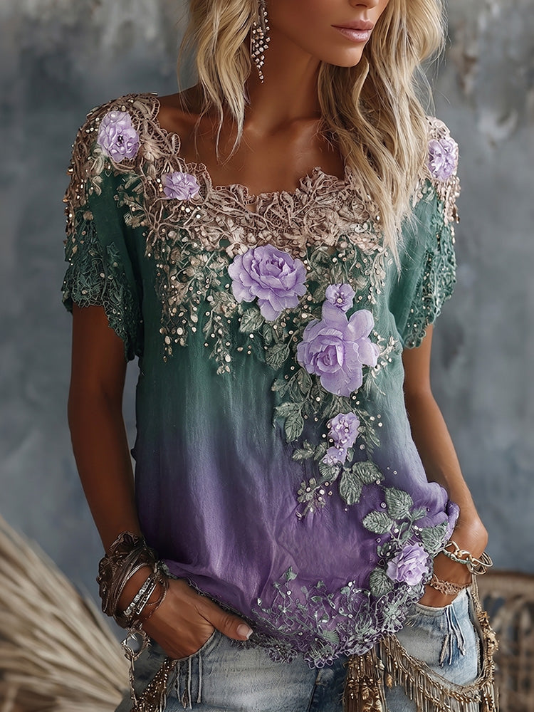 Cardydony Women's Vintage Floral Gradient Art Flowy Linen Blend Casual Tops