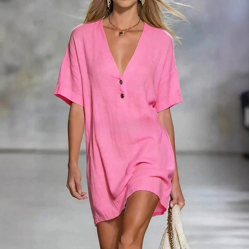 Cardydony Cozy Cotton And Linen Button V-neck Mini Dress