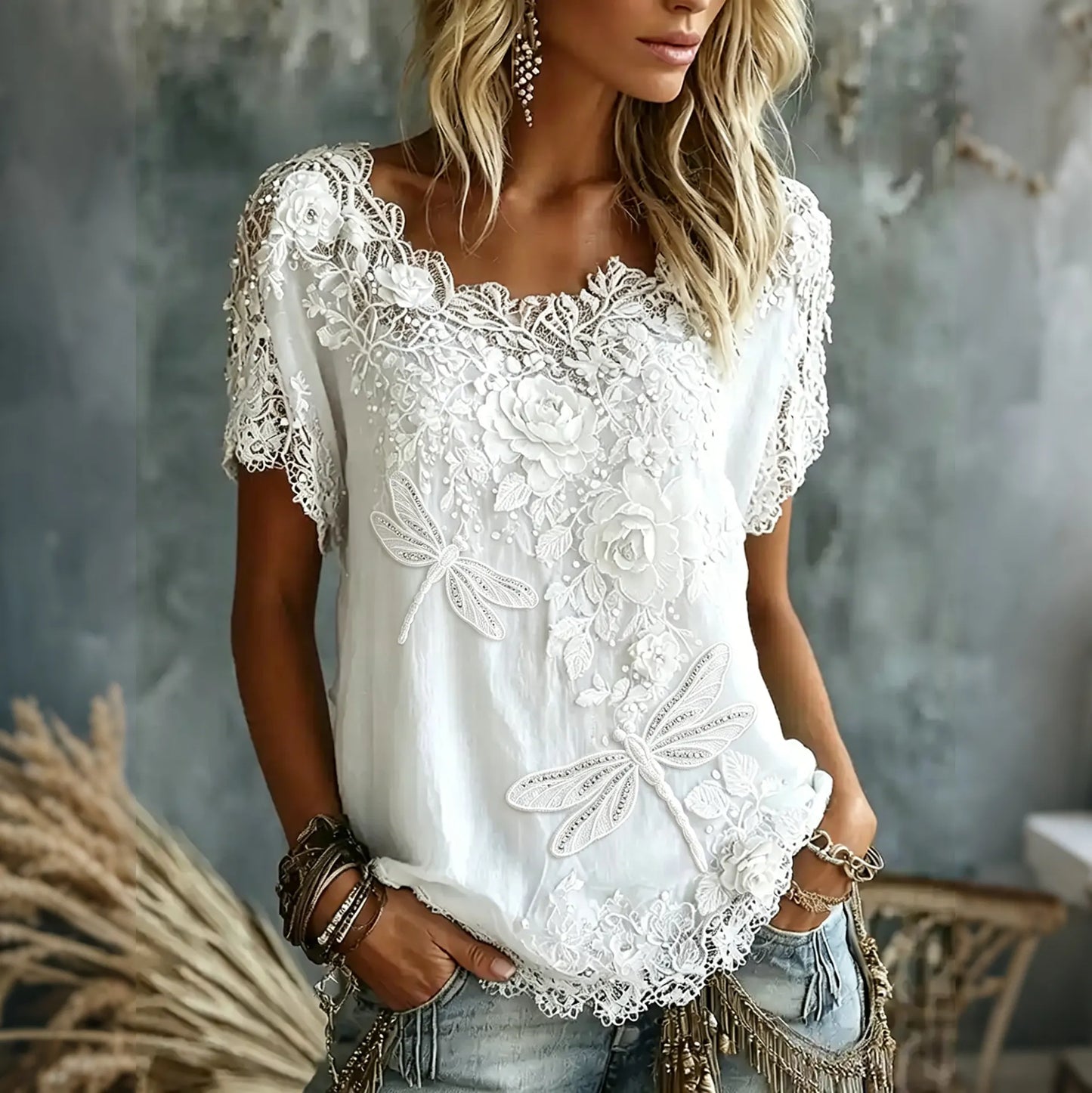 Cardydony Women's Vintage Rose Flowers And Dragonflies Art Flowy Linen Blend Casual T-shirt