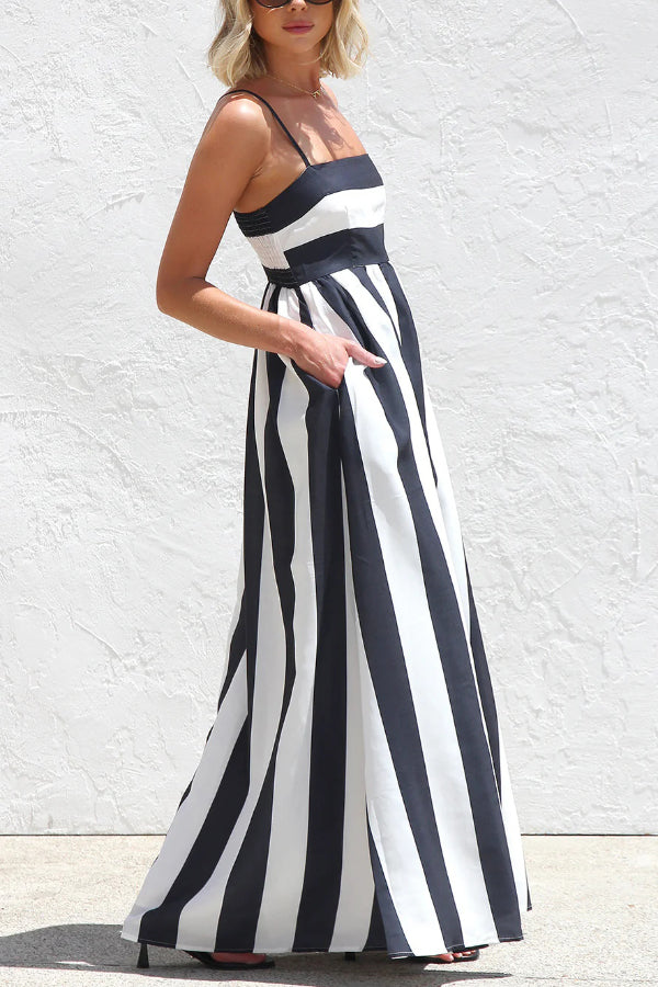 Cardydony Women's Color-blocked Striped Print Square Neck Suspender Casual Pocket Maxi Dress
