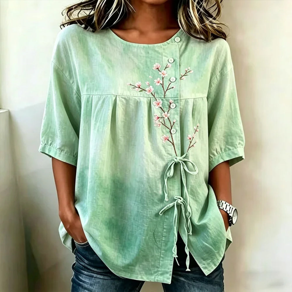 Cardydony Vintage Pink Cherry Blossom Embroidered Art Crew Neck Tie-waist Shirt