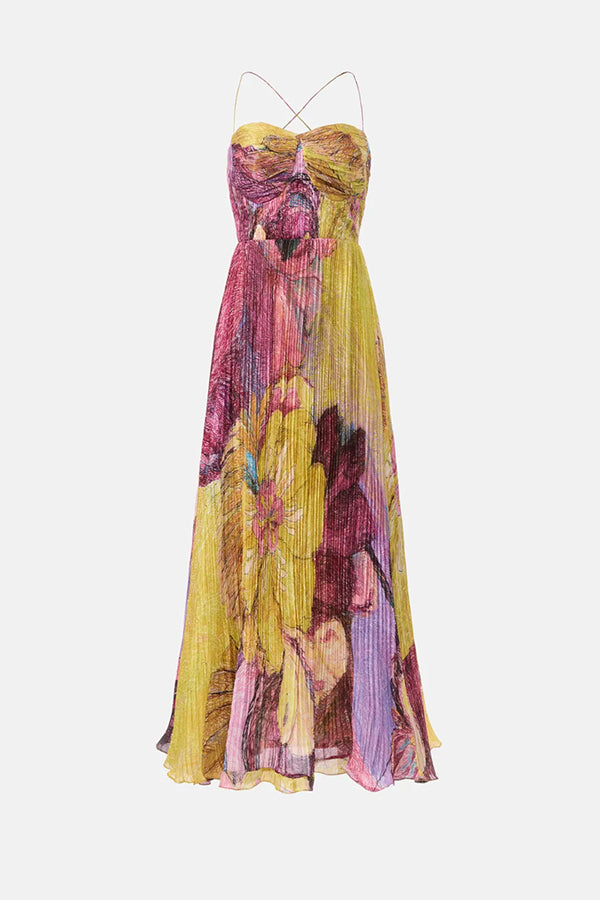 Cardydony Women's Vibrant and Bold Floral Print Sweetheart Neck Pleated Maxi Dress