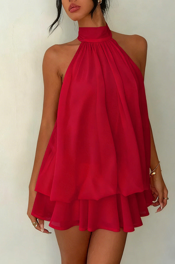 Cardydony Women's  Fashionable Chiffon Halter Neck Backless Lace-up Casual Vacation Mini Dress