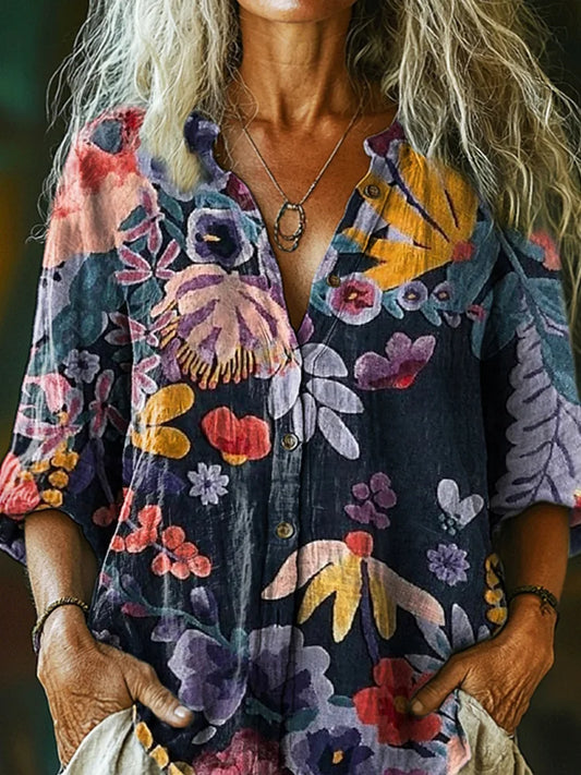 Cardydony Women's Vintage Bohemian Floral Print Casual Shirt