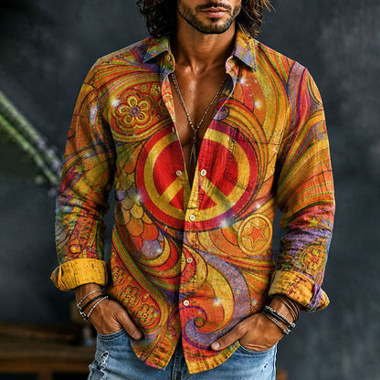 Cardydony Men's Vintage Hippie Peace Sign Swirl Art Print Pocket Long Sleeve Shirt
