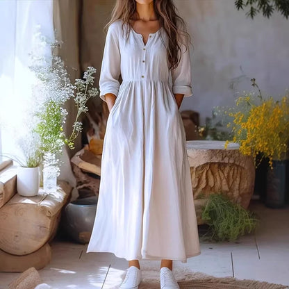 Cardydony Women's Solid Color Buttons Linen Blend Maxi Dress