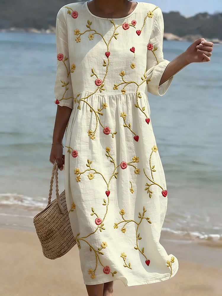 Cardydony Vintage Floral Art Pattern Linen Blend Loose Three-quarter Sleeve Dress