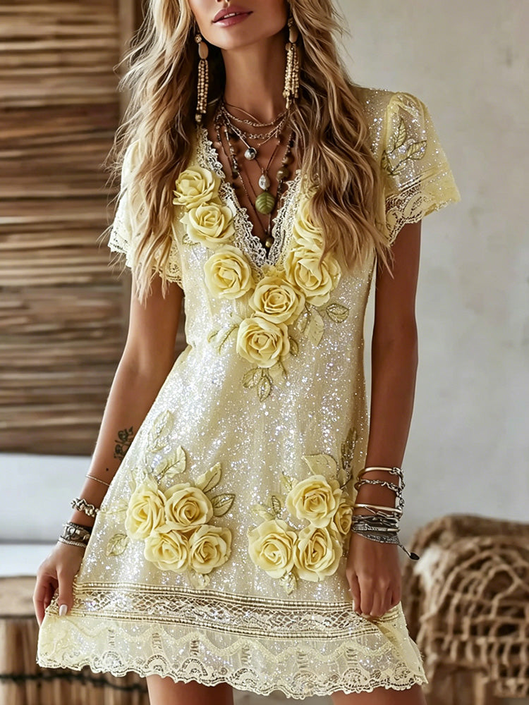 Cardydony Women's Vintage Rose Art Embroidered Linen Blend V Neck Casual Midi Dress