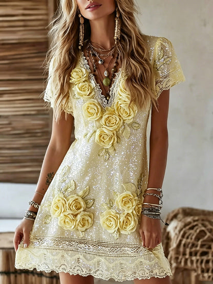 Cardydony Women's Vintage Rose Art Embroidered Linen Blend V Neck Casual Midi Dress