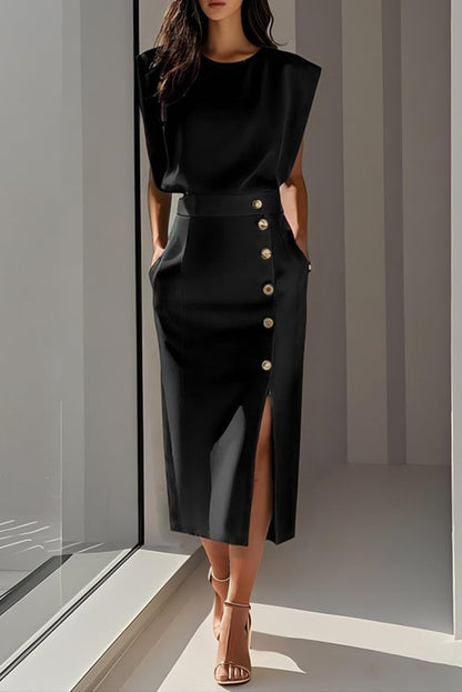 Cardydony Women's Solid Color Round Neck Sleeveless Button Slit Midi Dress