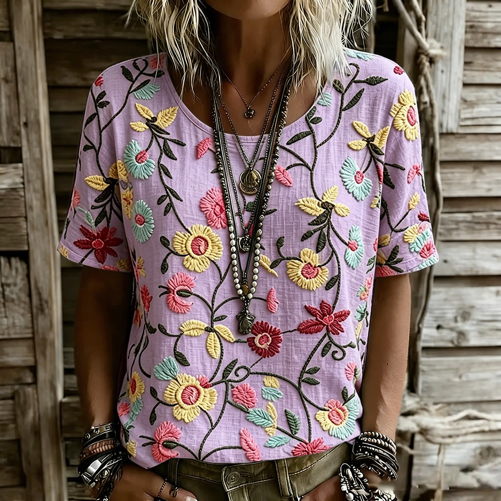 Cardydony Women's Vintage Floral Design Linen Casual T-shirt