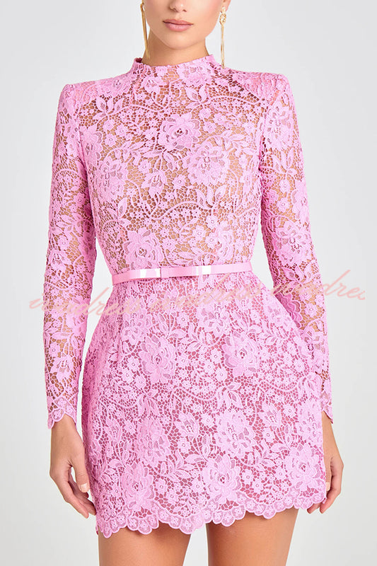 Cardydony Women's Champagne Toast Flower Lace Long Sleeve Bow Belted Mini Dress