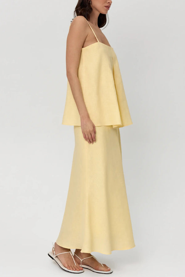 Cardydony Women's Linen Blend Loose Square Neck Camisole Top and Elegant Resort Maxi Skirt Set