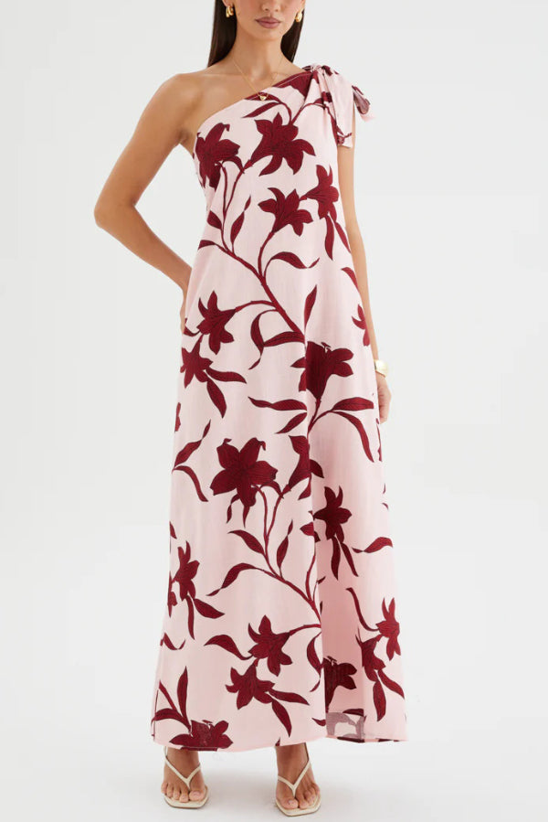 Cardydony Women's Botanical Print Sleeveless One-shoulder Tie-up Casual Vacation Maxi Dress
