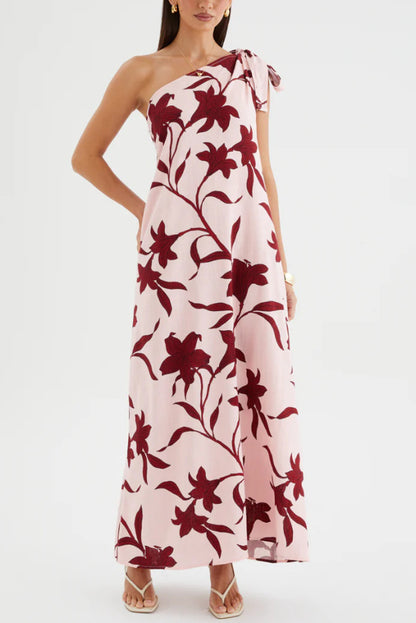 Cardydony Women's Botanical Print Sleeveless One-shoulder Tie-up Casual Vacation Maxi Dress