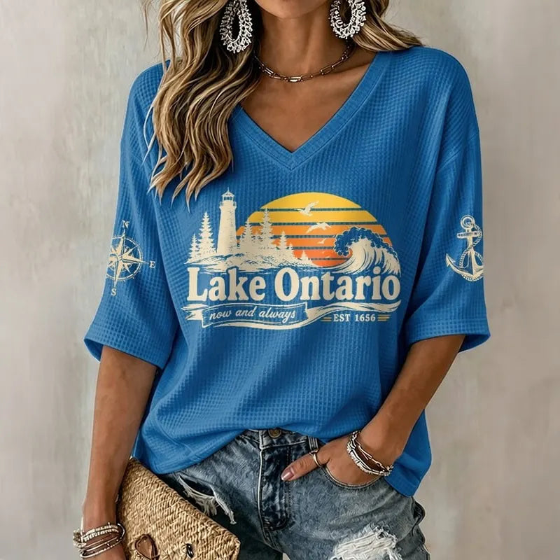 Cardydony V-neck Retro Lake Ontario Now And Always Est 1656 Print T-shirt