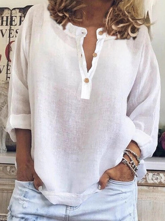 Cardydony Women's Solid Color V-neck Long Sleeve Linen Blend Shirt