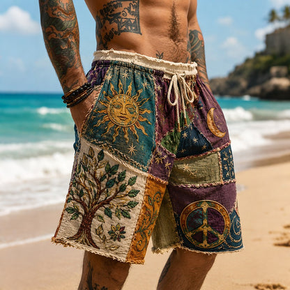 Cardydony Men's Hippie Sun Tree Of Life Patchwork Print Casual Shorts