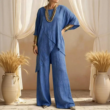Cardydony Women's Comfy Linen Blend Flowy Double Layer Design Top And Pants Two-piece Set