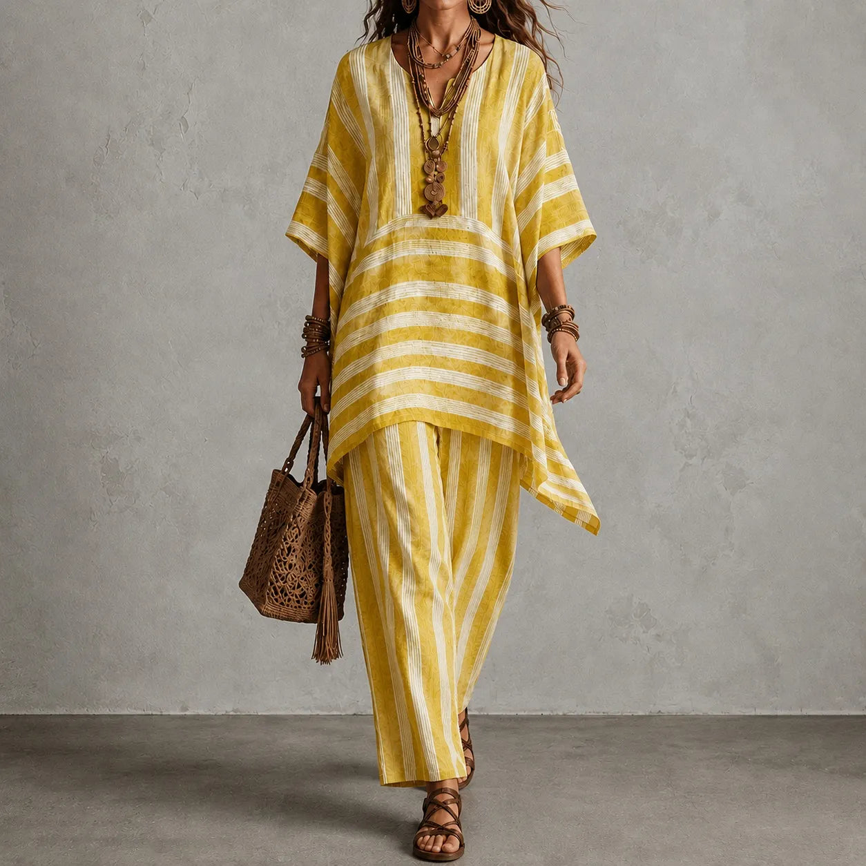 Cardydony Elegance V-neck Loose Striped Top + Loose Wide-leg Pants Two-piece Set