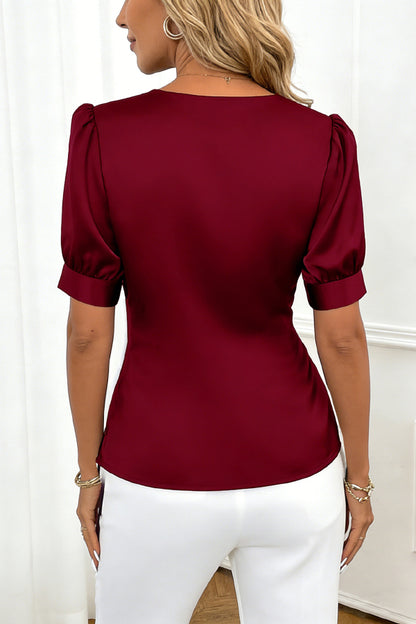 Cardydony Women's  Solid Color Satin V-neck Short-sleeved Casual Top